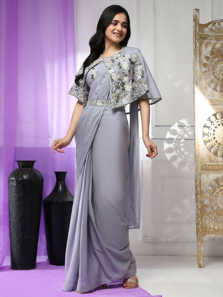 Grey Chiffon Solid Ready to wear Saree with stitched Blouse - Aayan | Grocsy