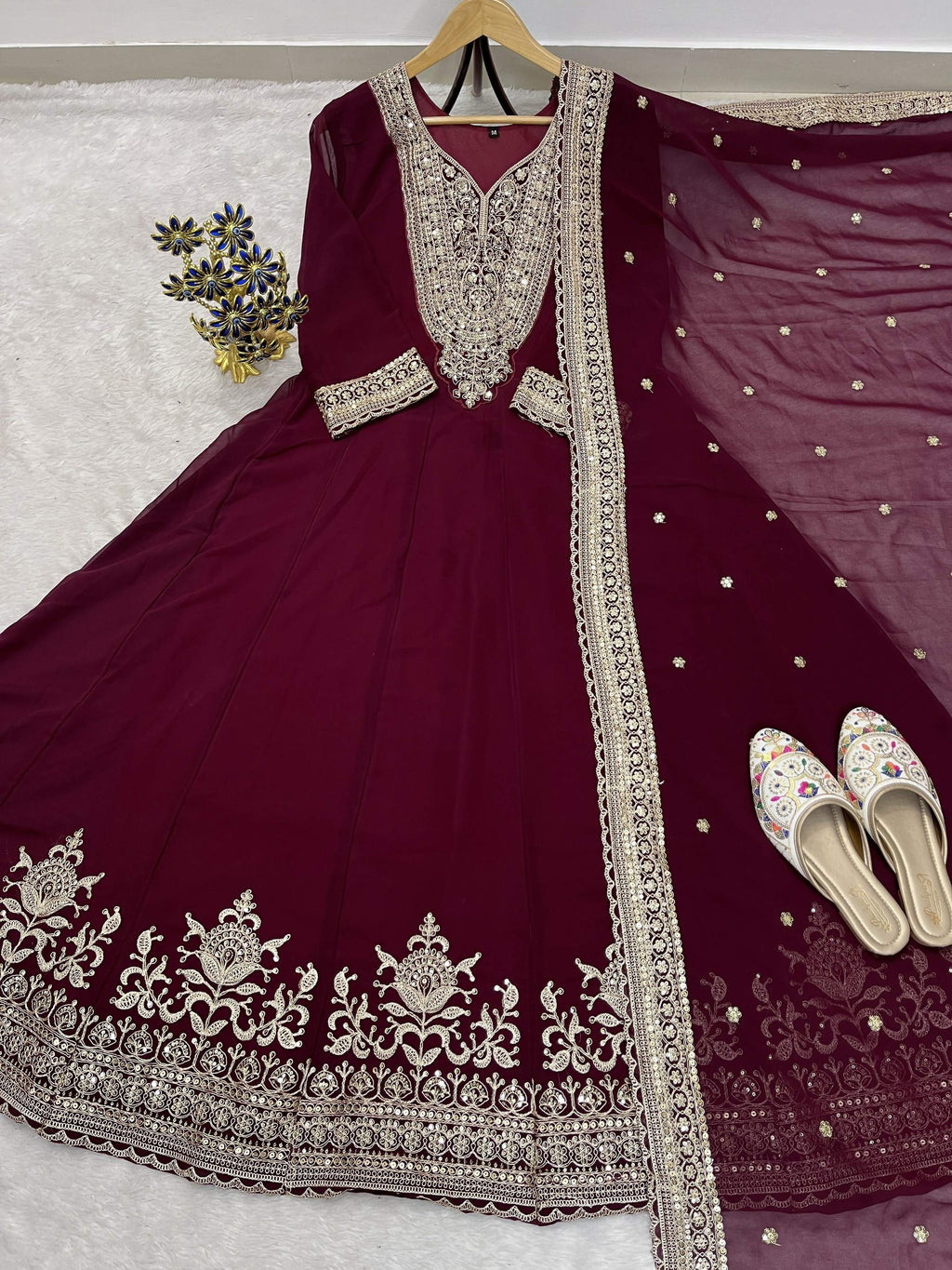 Teeya Creation Maroon Color Faux Georgette Embroidery Work Long Party Wear Gown | Grocsy