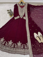 Teeya Creation Maroon Color Faux Georgette Embroidery Work Long Party Wear Gown | Grocsy