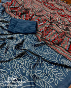 Grey Silk Blend Ajrak Saree with Unstitched Blouse - Hiral Fashion | Grocsy