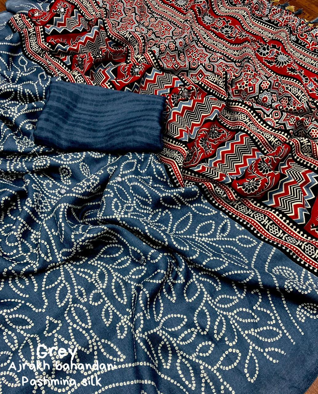 Grey Silk Blend Ajrak Saree with Unstitched Blouse - Hiral Fashion | Grocsy