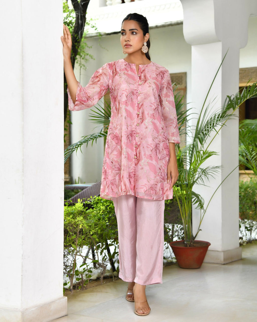Vaasva Women's Pink Organza Digital Printed Cord Set | Grocsy