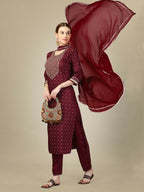 Jyoti Fashion Women's Maroon Silk Blend Embroidery & Sequence work Kurta with Trouser & Dupatta | Grocsy
