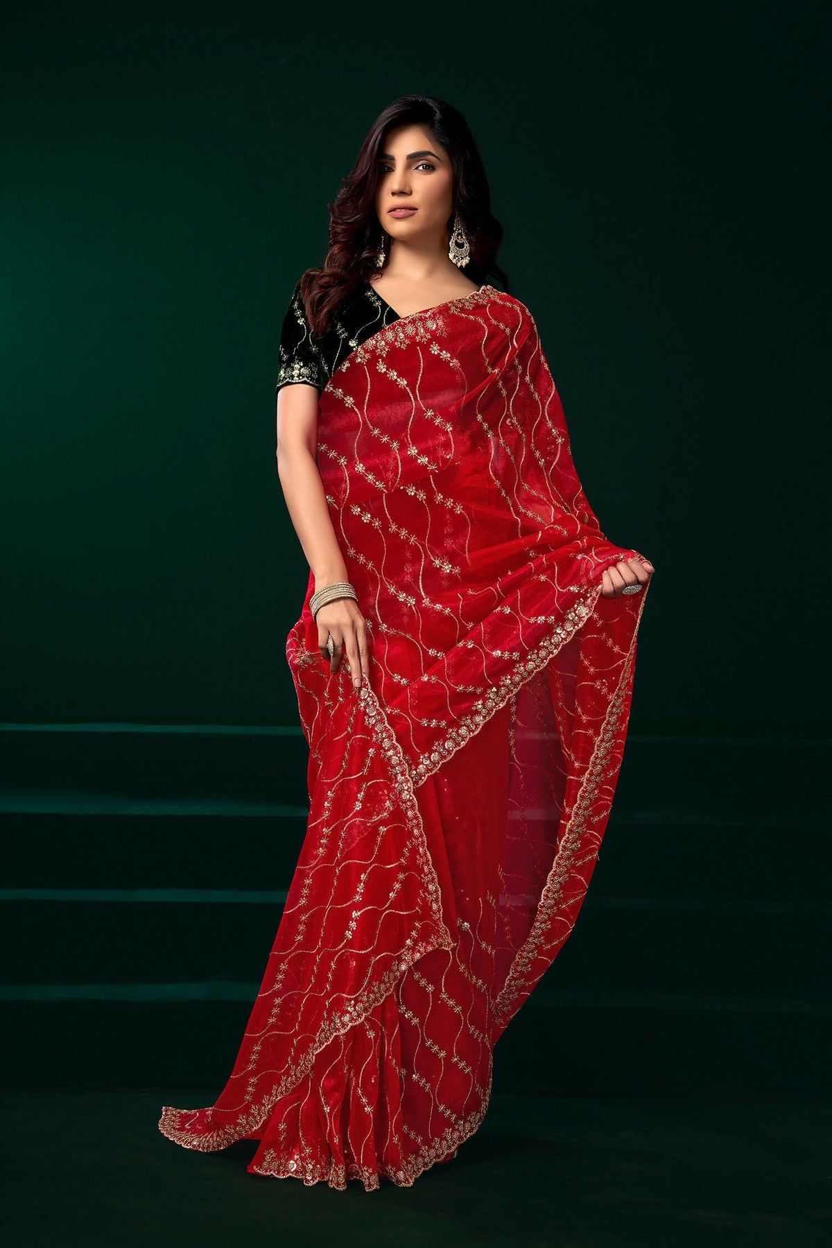 Joban Fashion Red Net Party Wear Sarees | Grocsy