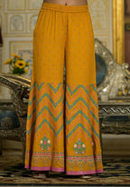 Juniper Women's Mustard Ethnic Motif Printed Liva Rayon Tunic Sharara And Dupatta Set With Sequins & Gota Patti Work | Grocsy