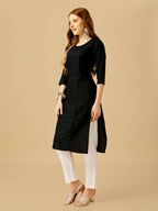 Jyoti Fashion Women's Black Cotton Blend Embroidered Kurta Pant Set | Grocsy