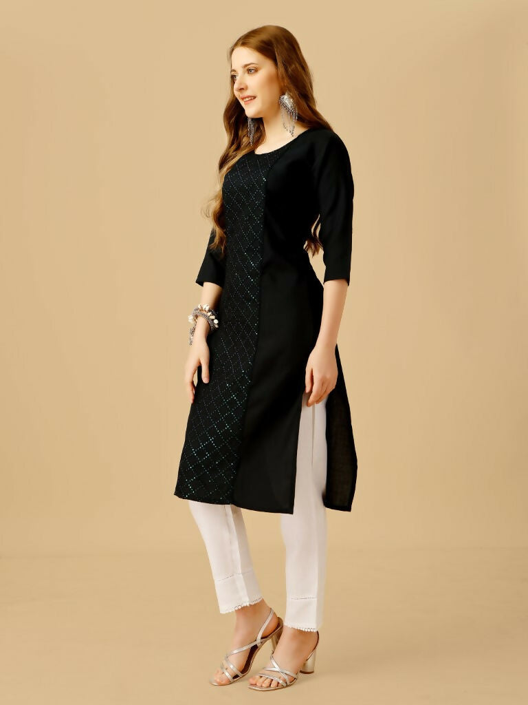 Jyoti Fashion Women's Black Cotton Blend Embroidered Kurta Pant Set | Grocsy