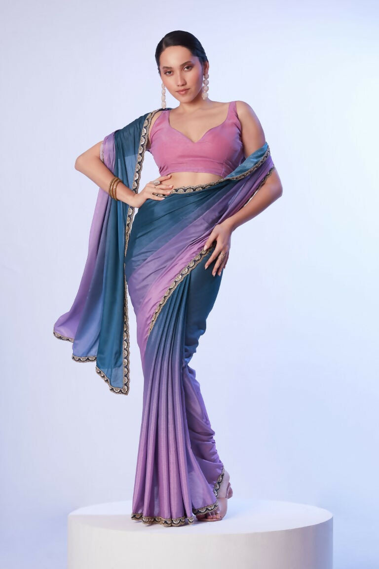 Teal Blue Chinon Solid Designer & Lace Work Saree - Samaa | Grocsy