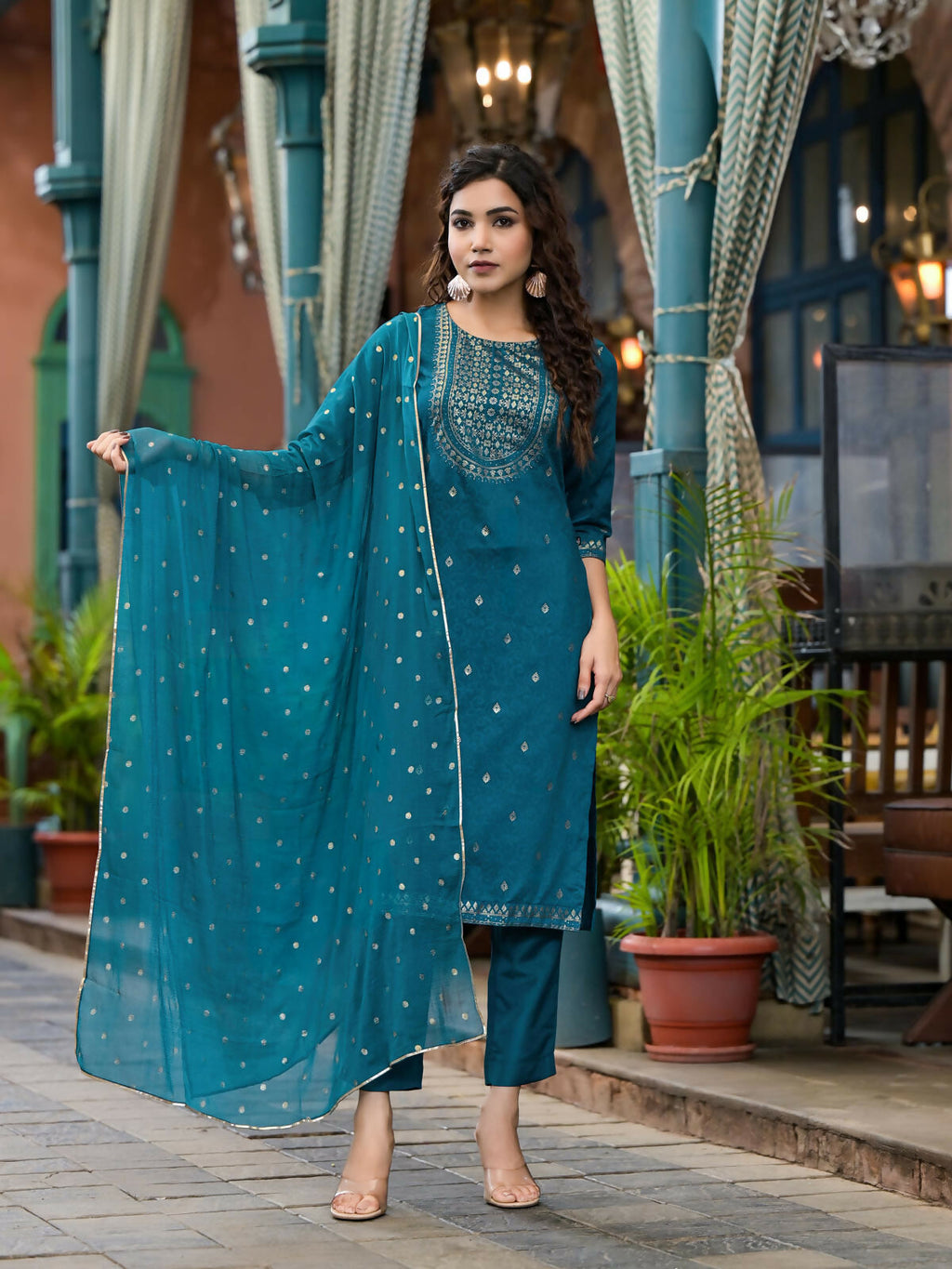 Juniper Women's Blue Ethnic Motif Printed Muslin Kurta Set With Zari Work & Gota Patti | Grocsy