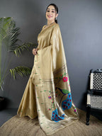 Joban Fashion Ivory Peacock & Floral Motifs Tissue Paithani Saree | Grocsy