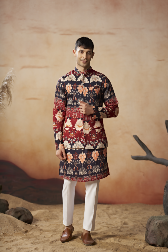 Blossom Print Cotton Nehru Jacket Set by Hilo Design | Grocsy