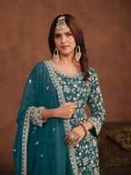 Anaita Teal Embroidered Faux Georgette Salwar Suit | Grocsy