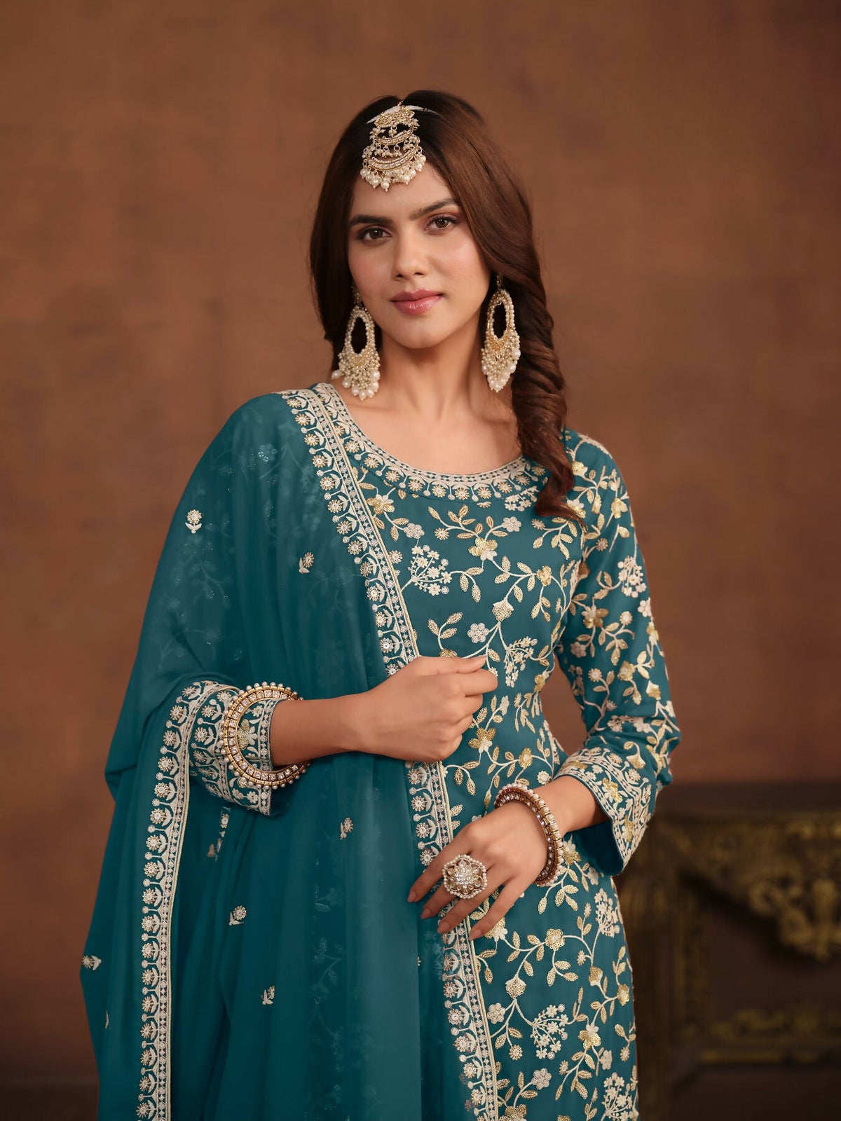 Anaita Teal Embroidered Faux Georgette Salwar Suit | Grocsy
