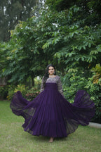Jyoti Fashion Women's Purple Sequins Zari Embroidered Faux Georgette Anarkali Dress | Grocsy