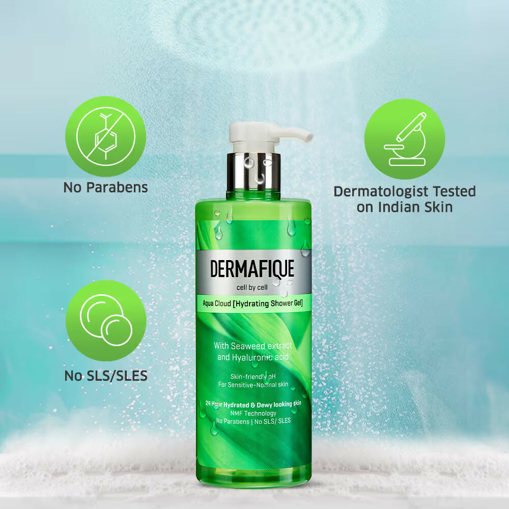 Dermafique Aqua Cloud Hydrating Shower Gel - Hyaluronic Acid, 24 hrs Hydration & Dewy-looking Skin | Grocsy