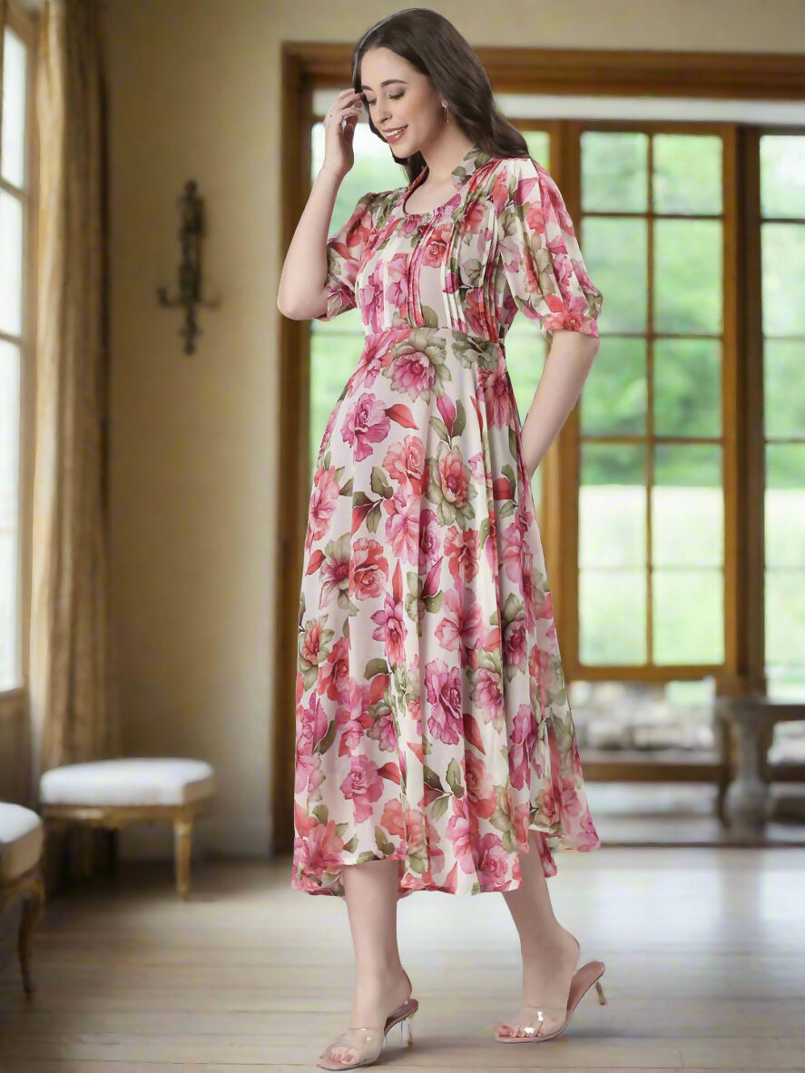 Souchii Cream Floral Chiffon Dress | Grocsy