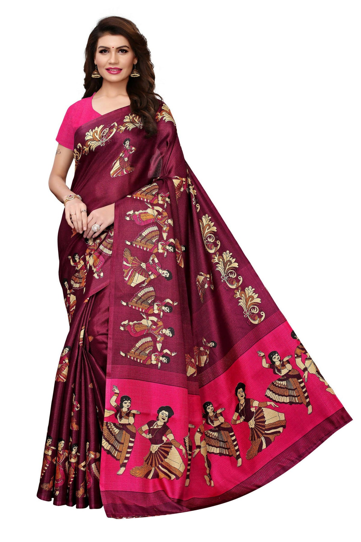 Vamika Wine Red & Pink Kalamkari With Jhalar Khadi Silk Saree | Grocsy