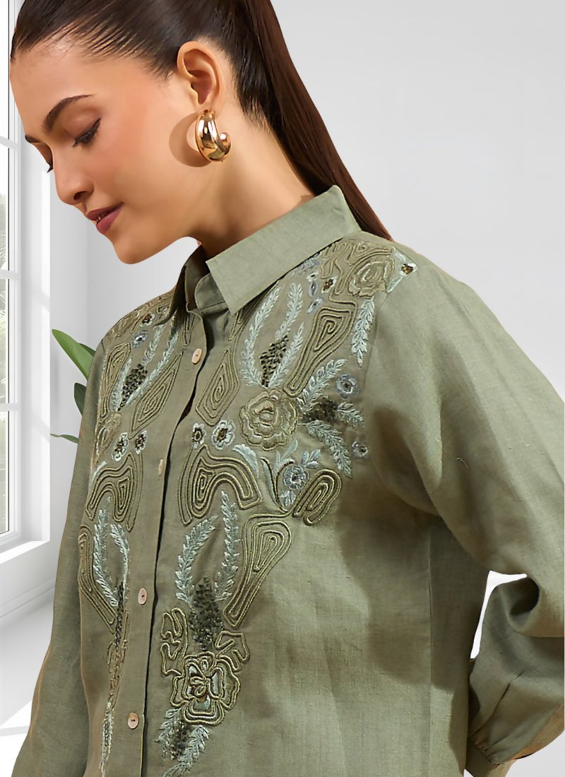 Joban Fashion Pista Green Linen Embroidered Readymade Cord Set | Grocsy