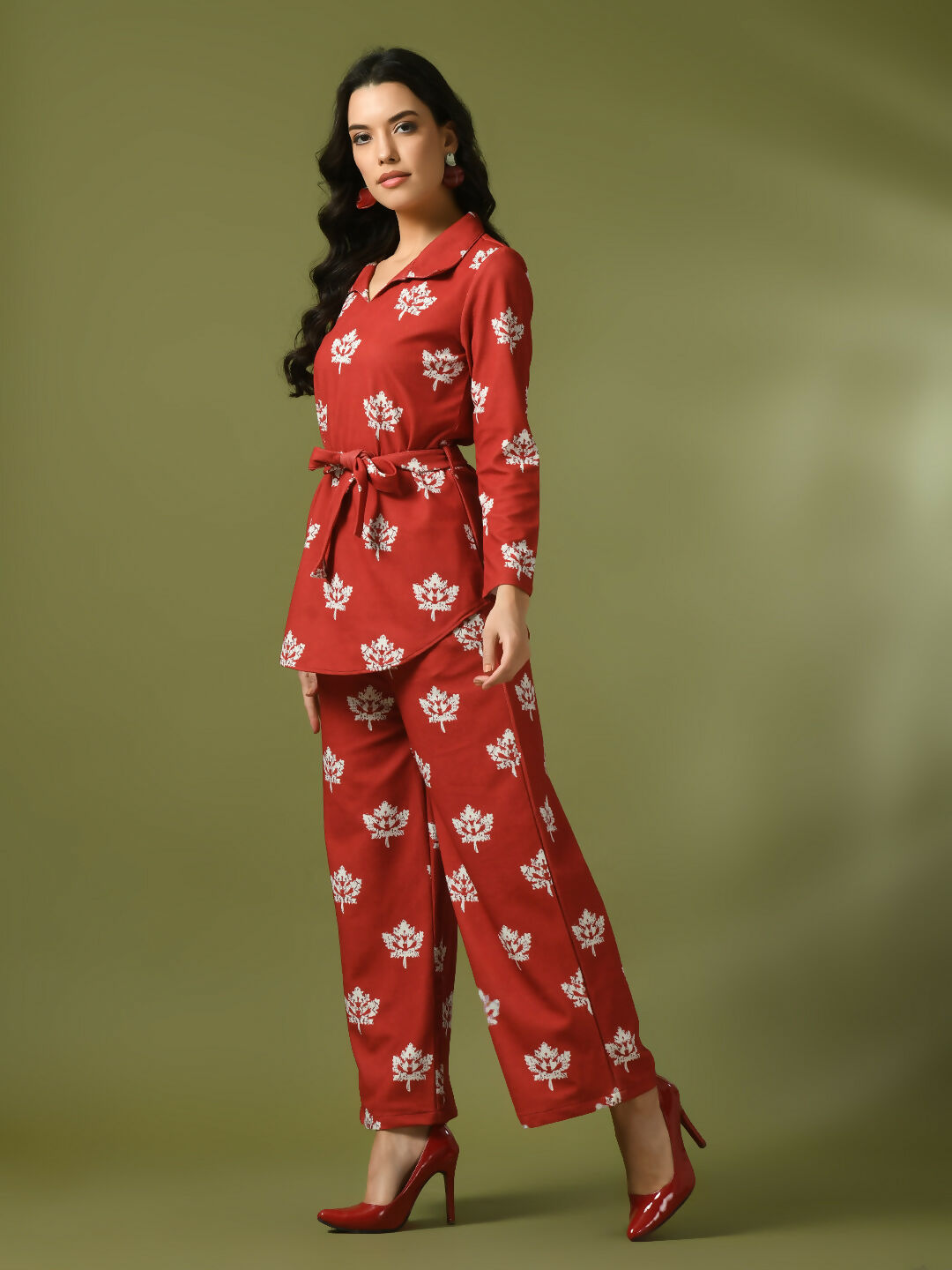 Myshka Women's Rust Printed Polo Collar Party Top With Trousers Co-ord set | Grocsy