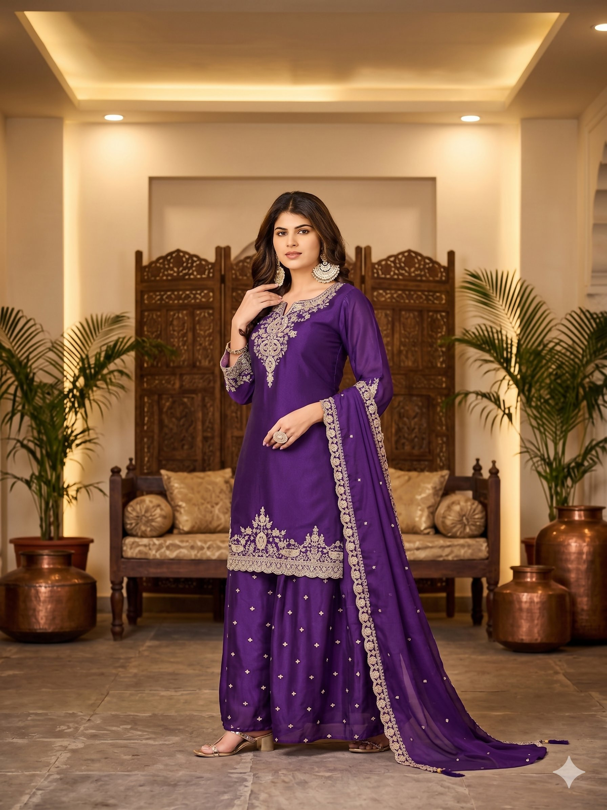 Teeya Creation Womens New Stylish Silk Embroidered Purple Sharara Suit With Golden Zari Work And Lace Border Dupatta | Grocsy