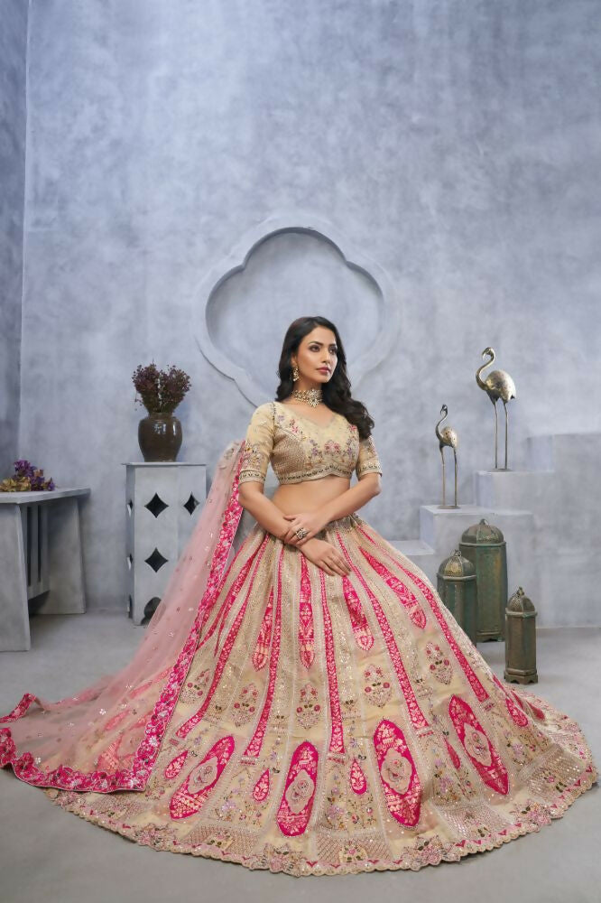 Kesar Fab Chiku Organza Embroidered Lehenga | Grocsy