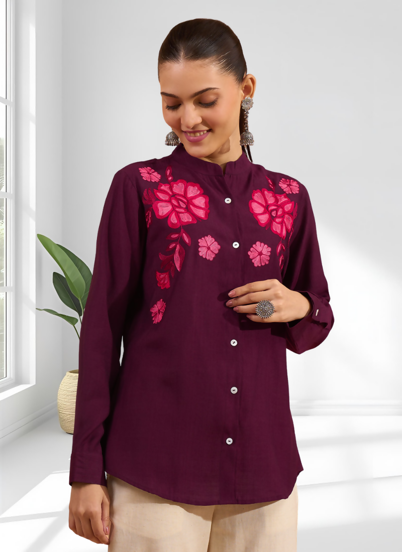 Joban Fashion Wine Silk Embroidered Readymade Tunic | Grocsy