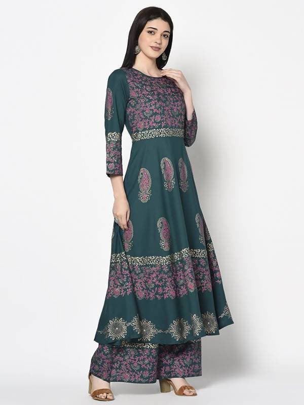 Aniyah Rayon Teal Blue Color Block Print Anarkali Palazzo Set (AN-220K) | Grocsy