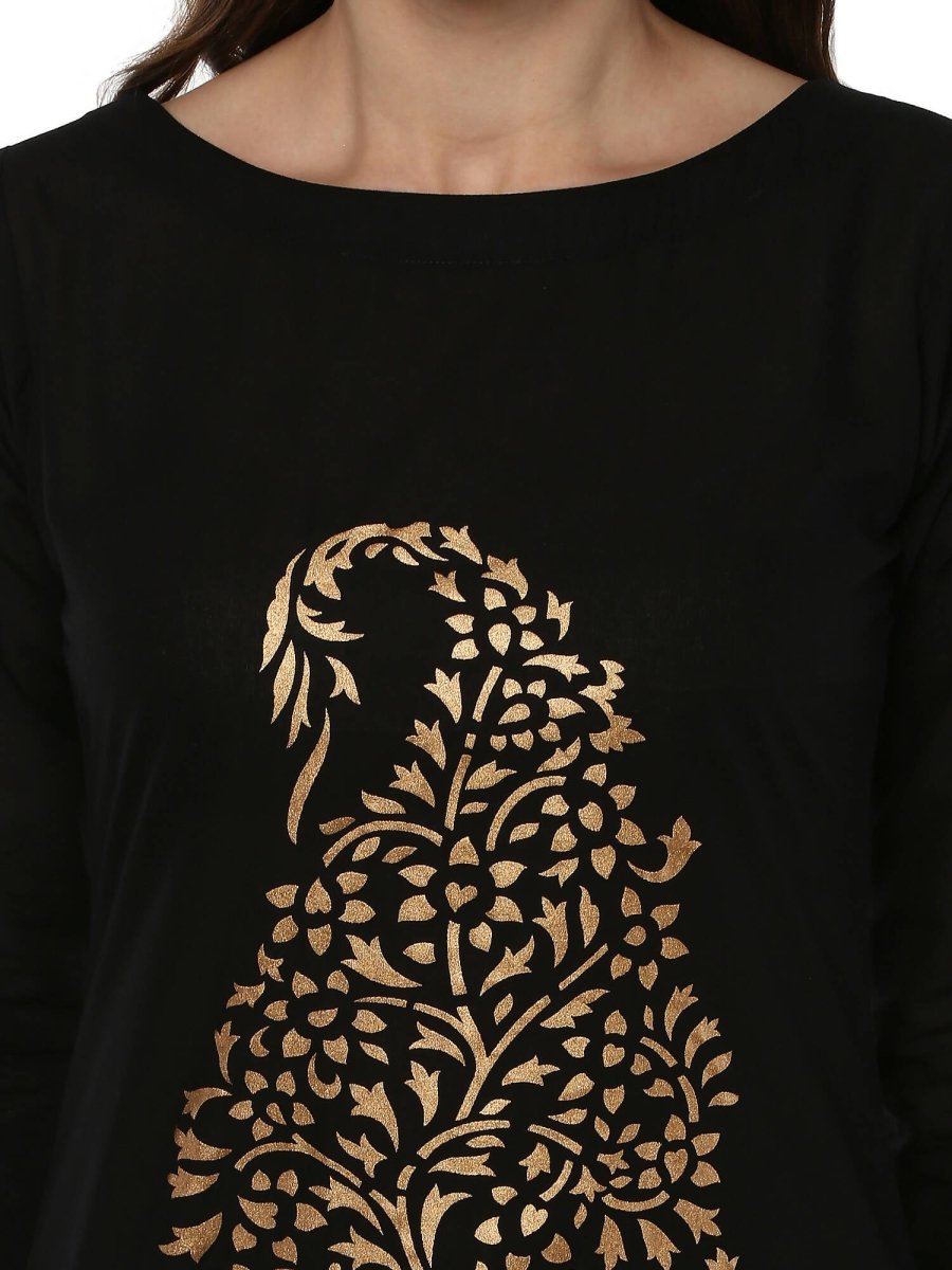 Ahalyaa Black Chanderi Gold Print Kurta | Grocsy
