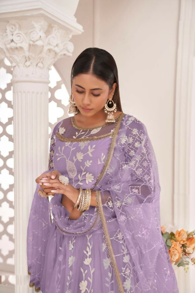 Aastha Fashion Lavender Butterfly Net White Cotton Thread Work, Zari Work And Sandwich Sequence Work Embroidery Wedding Wear Lehenga Choli | Grocsy