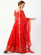 Cheera Women's Red Chanderi Silk & Rayon Hand Block Print Long Dress With Silk Dupatta Set | Grocsy