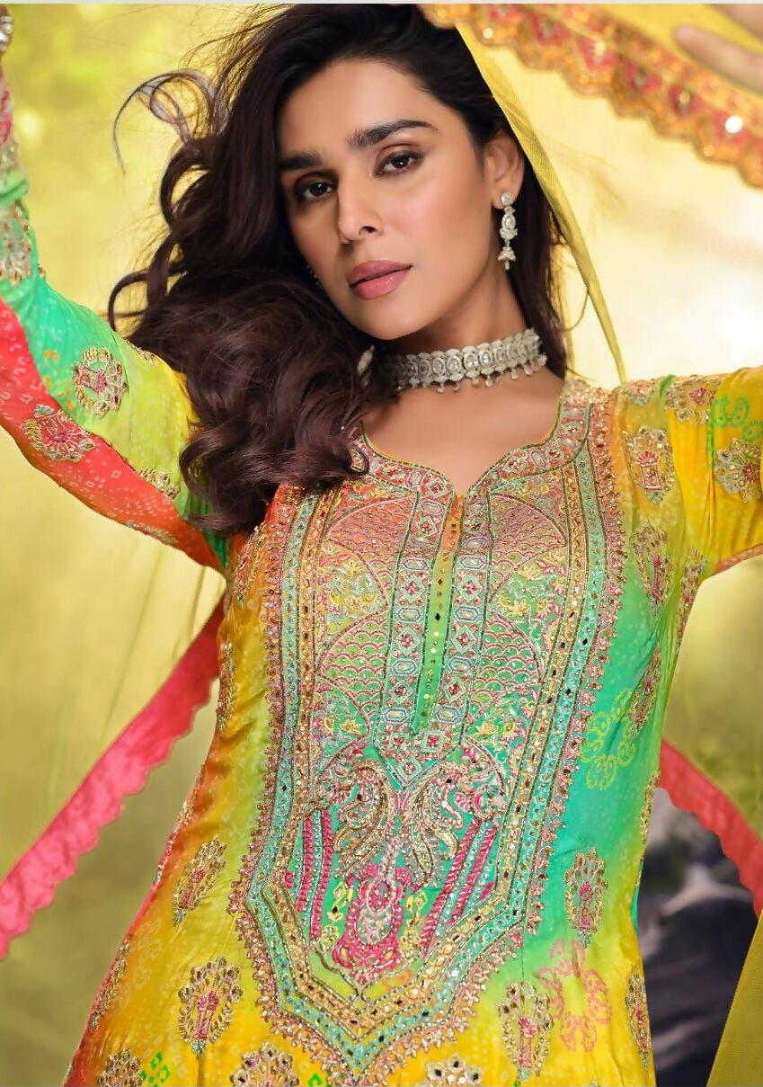 Anaita Yellow Chinon Stitched Suit with Embroidery & Sequence Work | Grocsy