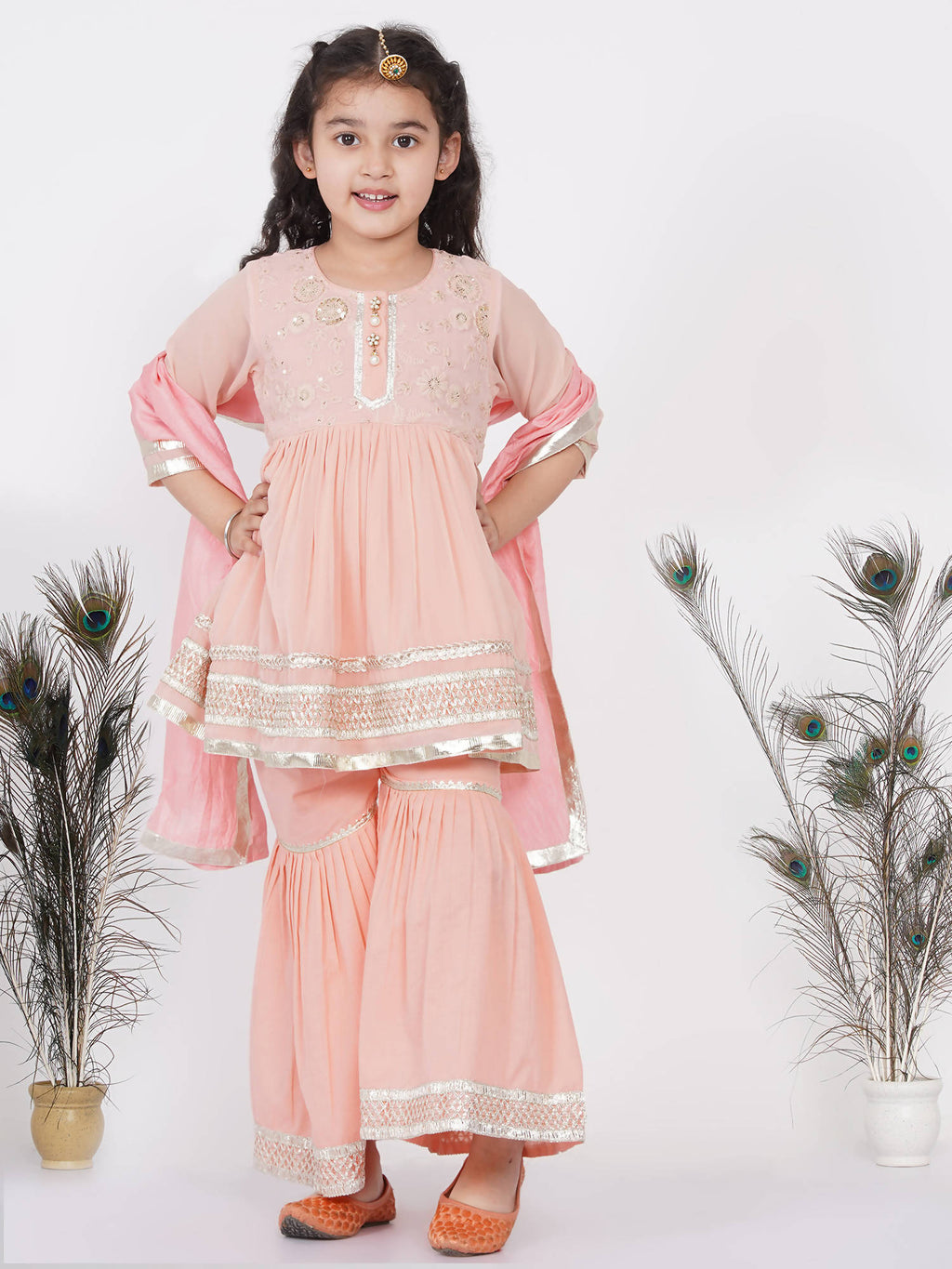 Little Bansi Girls Cotton Gotta Patti Kurta frock with Sharara & Dupatta - Peach | Grocsy
