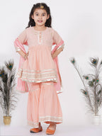 Little Bansi Girls Cotton Gotta Patti Kurta frock with Sharara & Dupatta - Peach | Grocsy