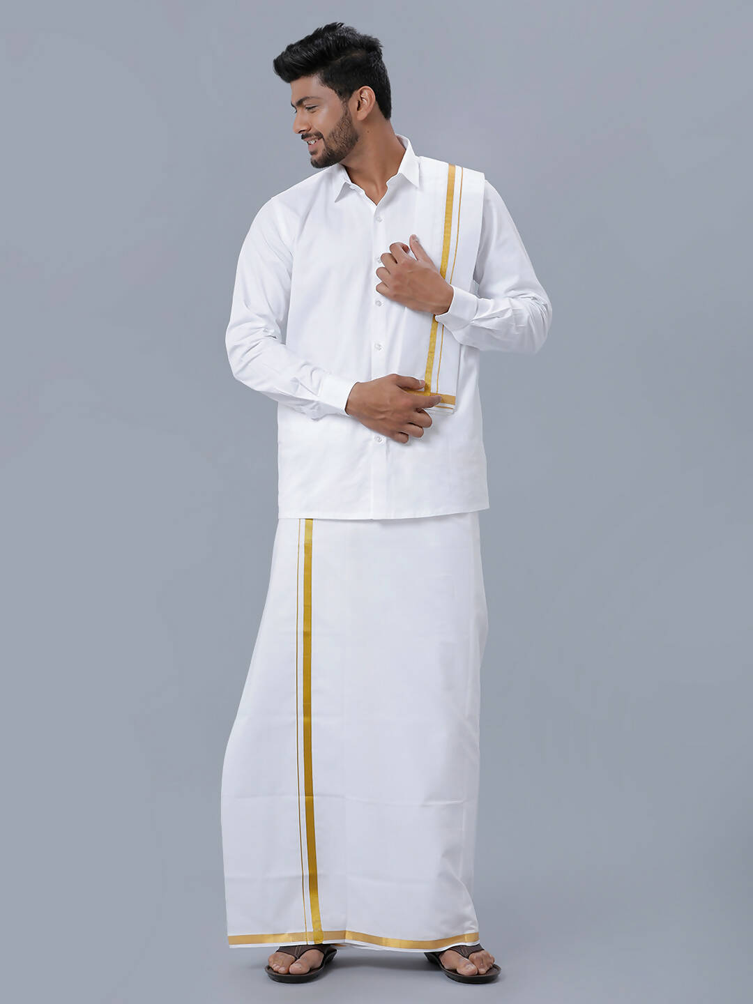 Ramraj Cotton Premium Wedding White Readymade Dhoti, Shirt & Towel Set Dhanvanthri | Grocsy