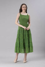 Souchii Green Varlie Printed Tiered Dress – Flowy Fit & Flare | Grocsy