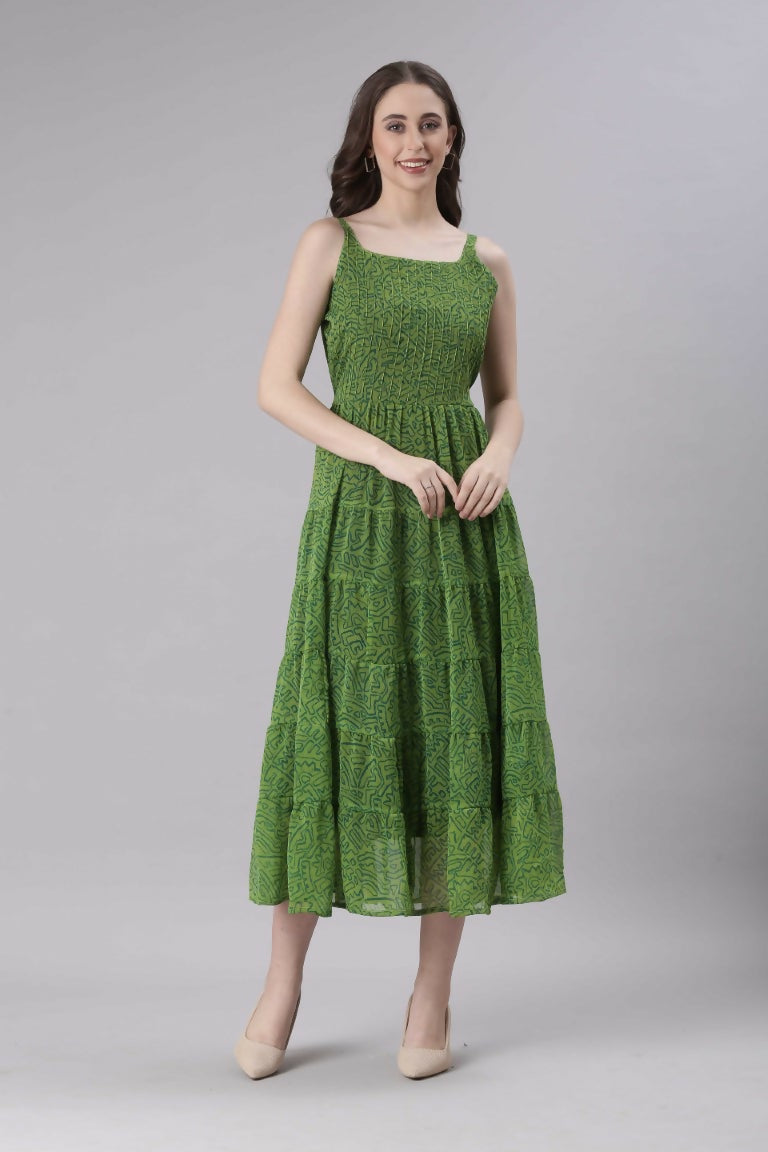 Souchii Green Varlie Printed Tiered Dress – Flowy Fit & Flare | Grocsy