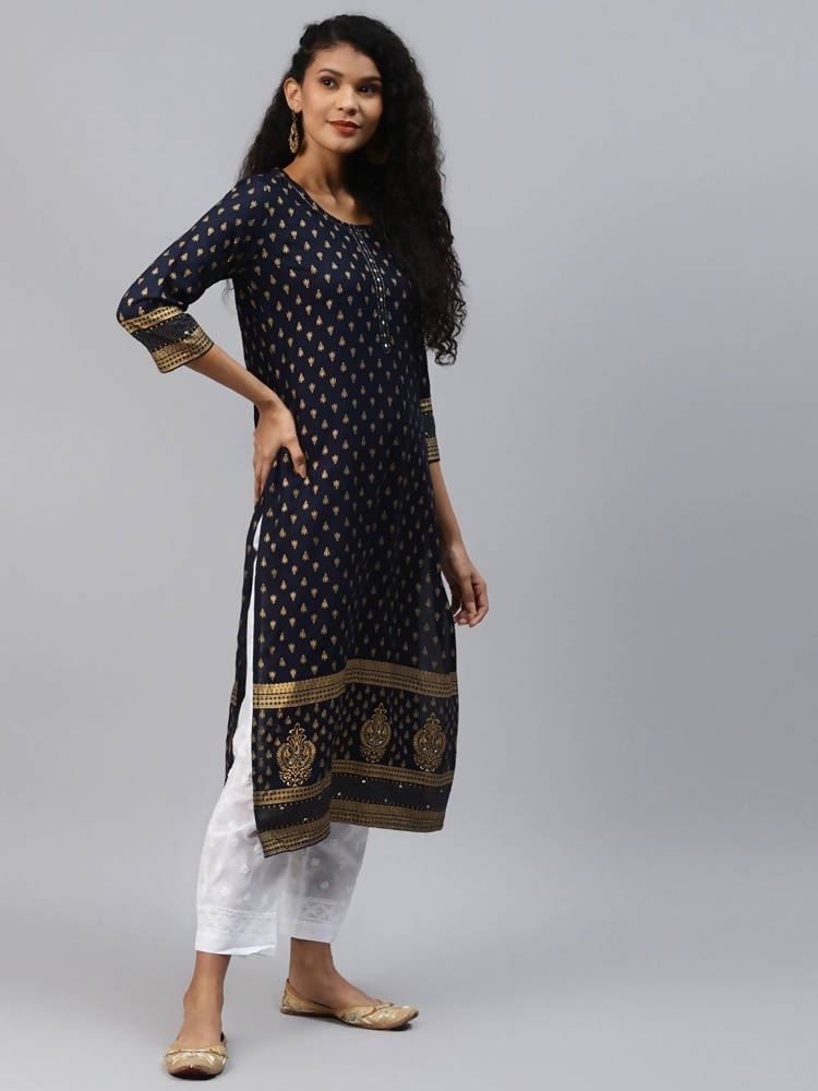 Yufta Women Navy Blue Golden Print Kurta | Grocsy