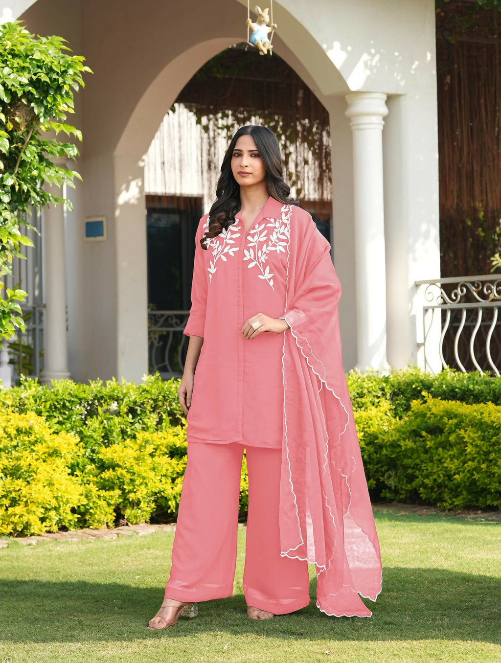 Nikhaar Light Pink Embroidered Viscose Georgette Stitched Straight Cut Kurta Culottes Dupatta Readymade Suit | Grocsy