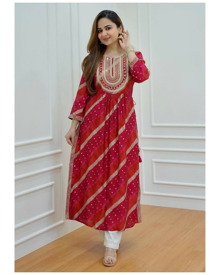 Alvano Women's Sequence Naira Cut Kurti with Pant set Printed Rayon | Grocsy