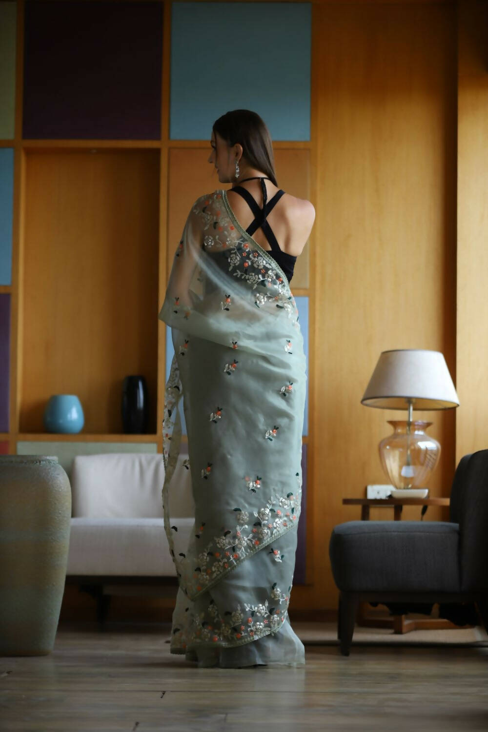 Vamsee Green Organza Saree | Grocsy