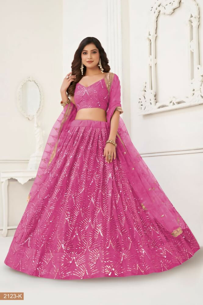 Aastha Fashion Pink Butterfly Net Tone To Tone Thread Work, Sequence Work And Original Mirror Work Embroidery Wedding Wear Lehenga Choli | Grocsy