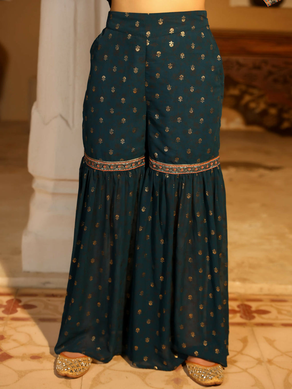 Juniper Women's The Swarn Teal Ethnic Motif Printed Georgette Kurta Pant And Dupatta With Sequins & Zari Work | Grocsy