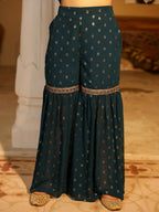 Juniper Women's The Swarn Teal Ethnic Motif Printed Georgette Kurta Pant And Dupatta With Sequins & Zari Work | Grocsy