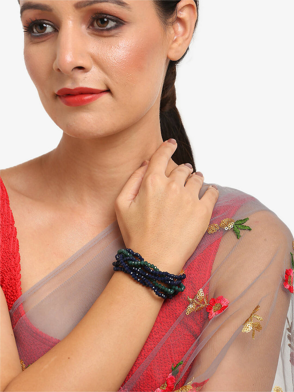 Women's Gold-Toned, Navy Blue Green Onyx Gold-Polished Multistrand Bracelet - Ruby Raang | Grocsy