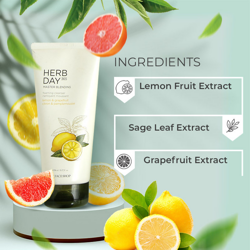 The Face Shop Herb Day 365 Master Blending Foaming Cleanser- Lemon & Grapefruit - Korean Skincare | Grocsy