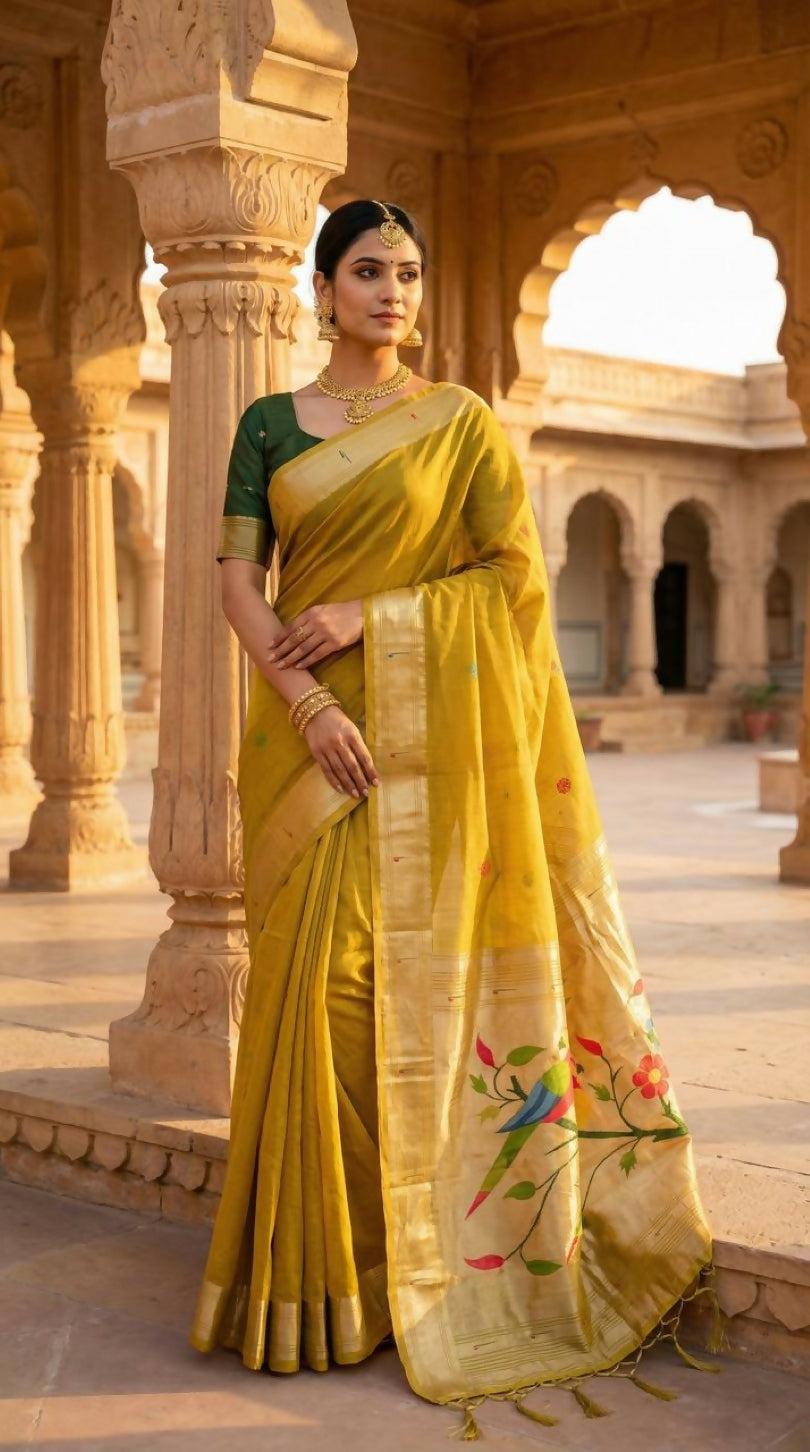 Vastranavya Yellow Muga Cotton Meenakari & Munia Weaving Pallu Saree with Contrast Blouse | Grocsy