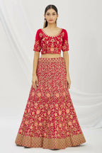 Red Velvet Semi-Stitched Wedding Bridal Lehenga - Nimaya | Grocsy