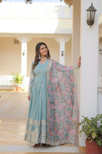 Joban Fashion Sky Blue Georgette Sequence Embroidery Work Kurta Set | Grocsy