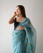 Vamsee Urvashi Blue Organza Saree | Grocsy