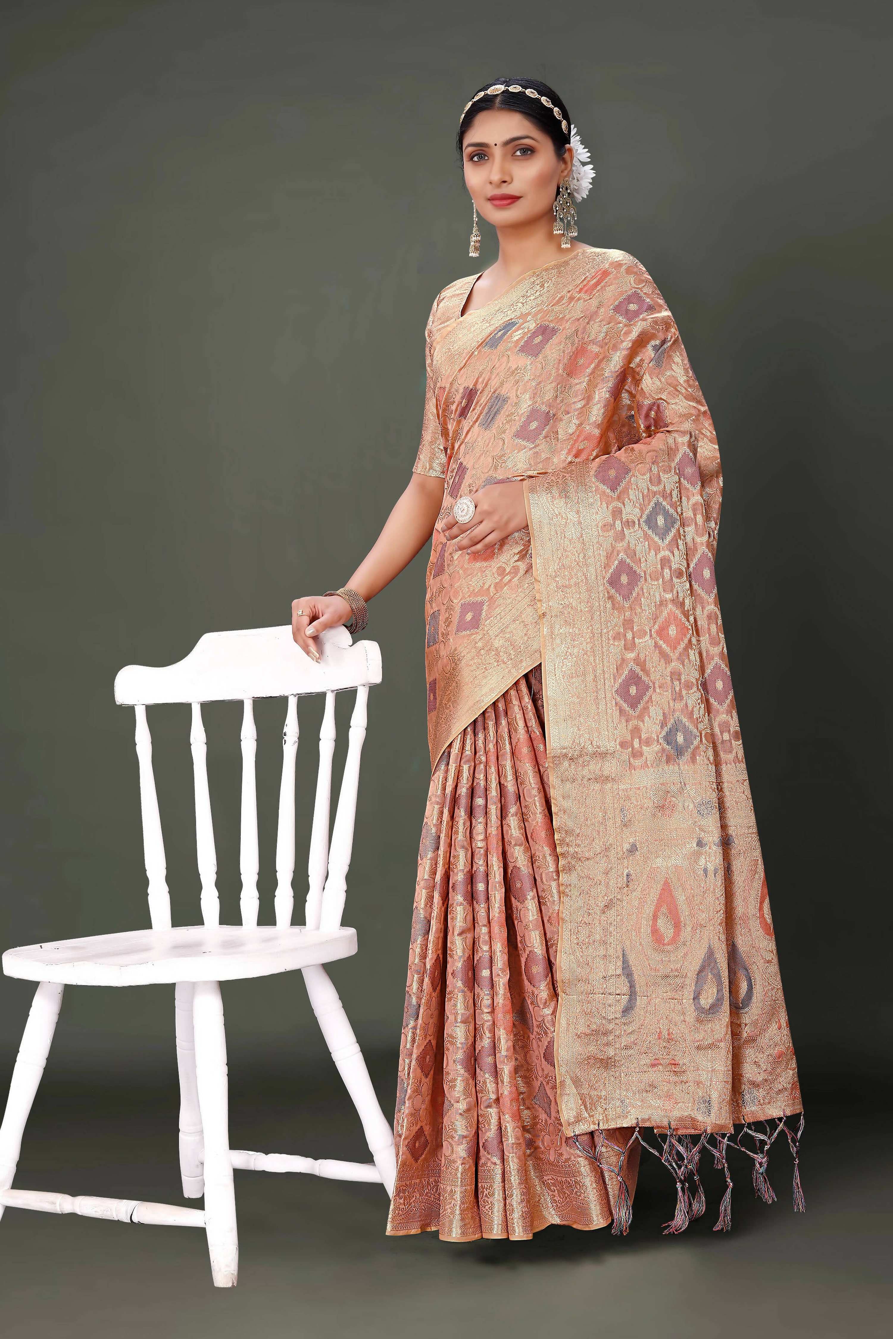Pink Soft Organza Woven Design Saree With Unstitched Blouse Piece - Zaara | Grocsy